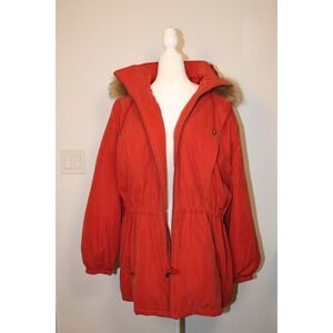 VTG Northern Glades Red Orange Parka Jacket Raccoon Fur Hood Women's XL Winter